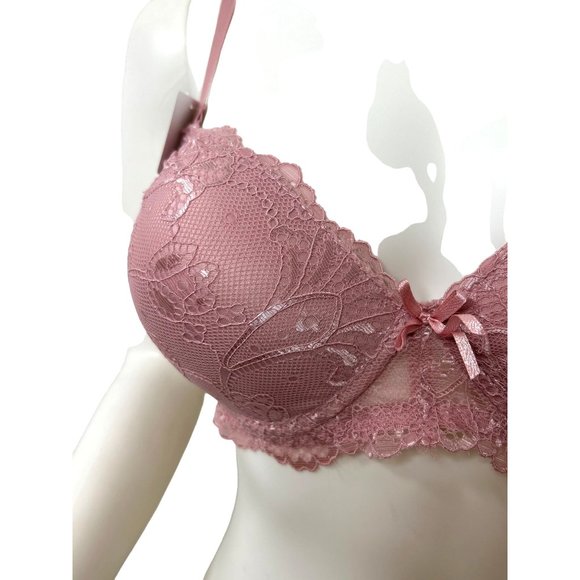 Rene Rofe Pink Push-Up Bra 36C Padded Cups Lace Overlay Adjustable,  Ribbon Bow - Picture 5 of 16